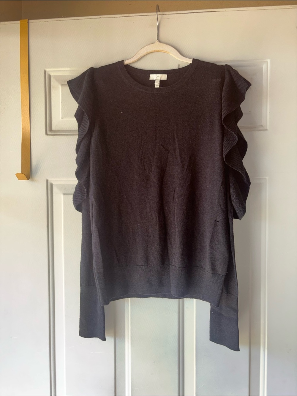 Joie black wool blend cold shoulder ruffle sweater size S *Flaw*